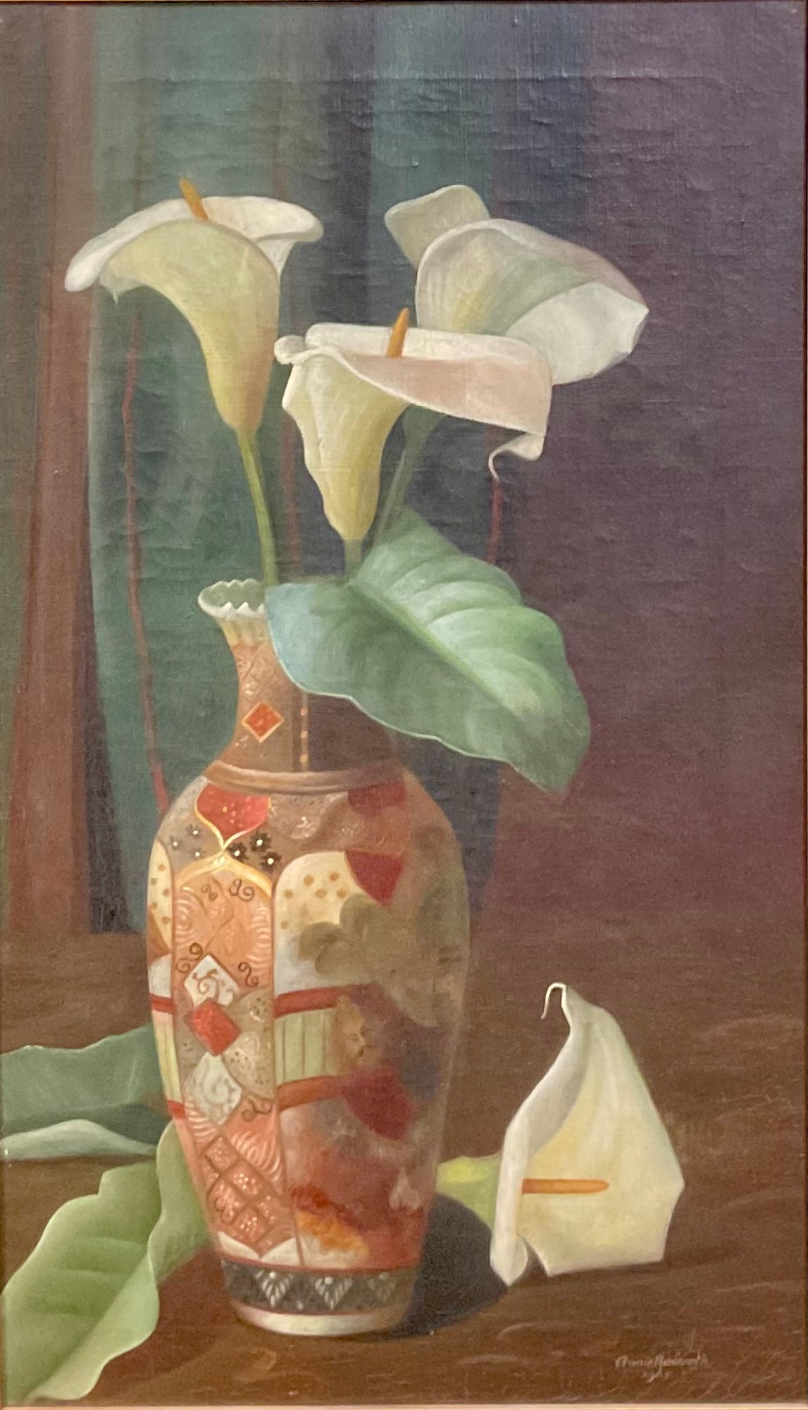 Annie Raworth, Lilies in Japanese Satsuma Vase, signed, dated 1905, oil on canvas, 60cm x 34.5cm - Image 3 of 4