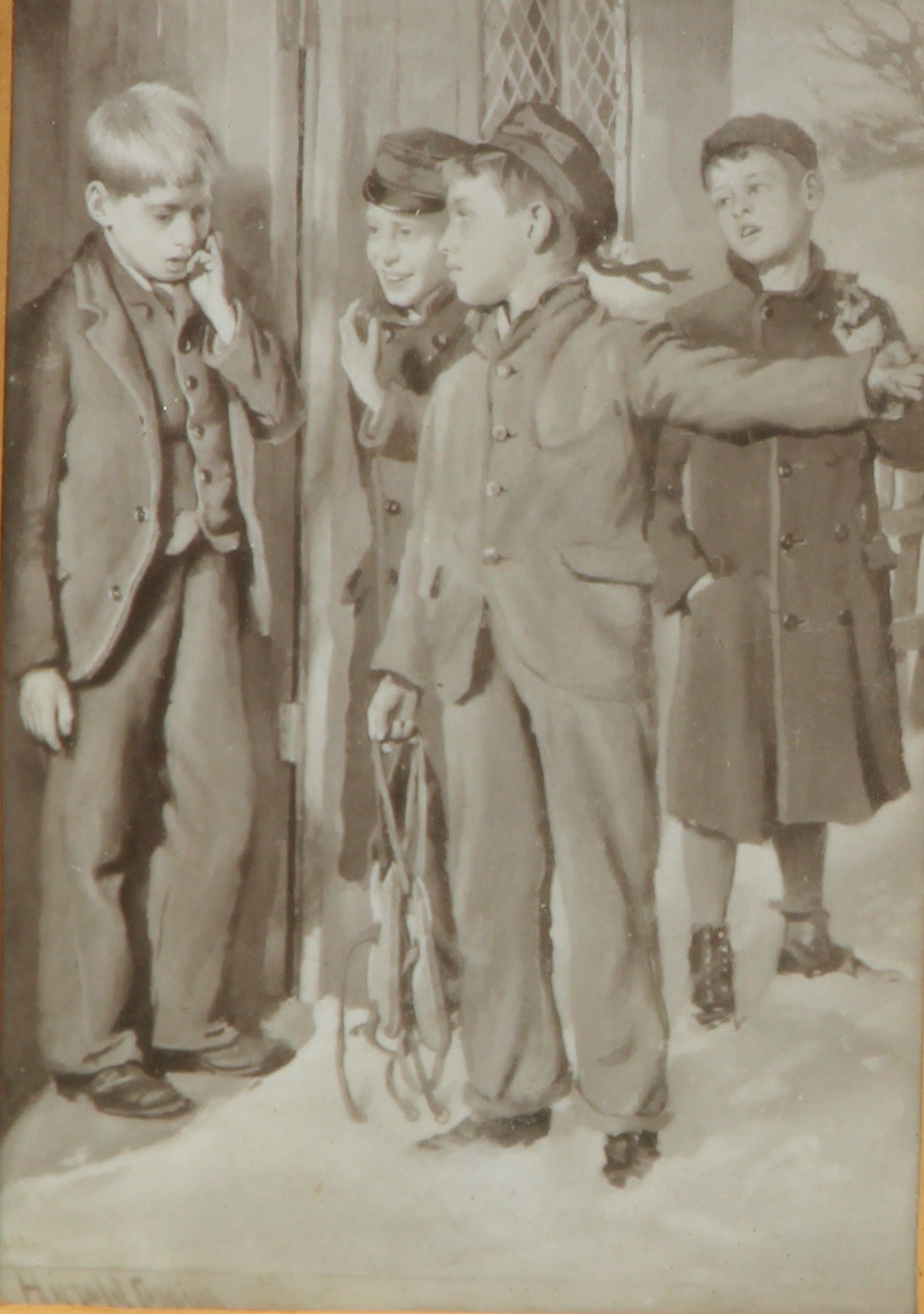 Harold Coppling, a pair, sepia illustrations, Waiting for the School Bell, 13.5cm x 9.5cm - Image 2 of 5