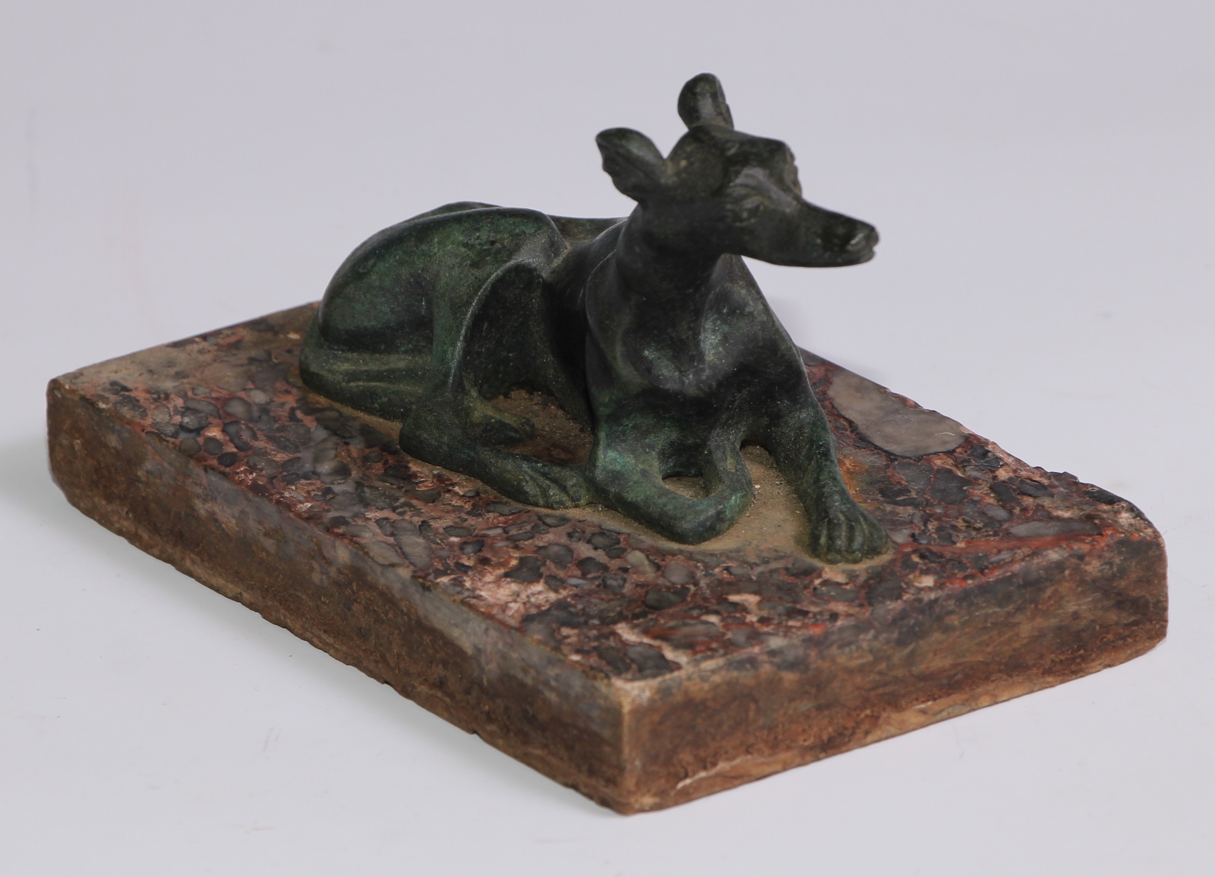 French School (19th century), a verdigris patinated bronze, of a recumbent greyhound, rectangular - Image 3 of 4