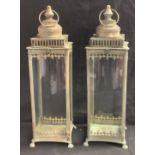 A pair of large verdigris brass square lanterns or indoor greenhouse cloches, each 51cm high (2)