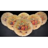 A set of six Aynsley Orchard gold shaped circular dessert plates, printed with ripe fruits, 21cm