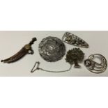 An Art Nouveau style stone set silver brooch, marked 925; other silver and silver coloured metal