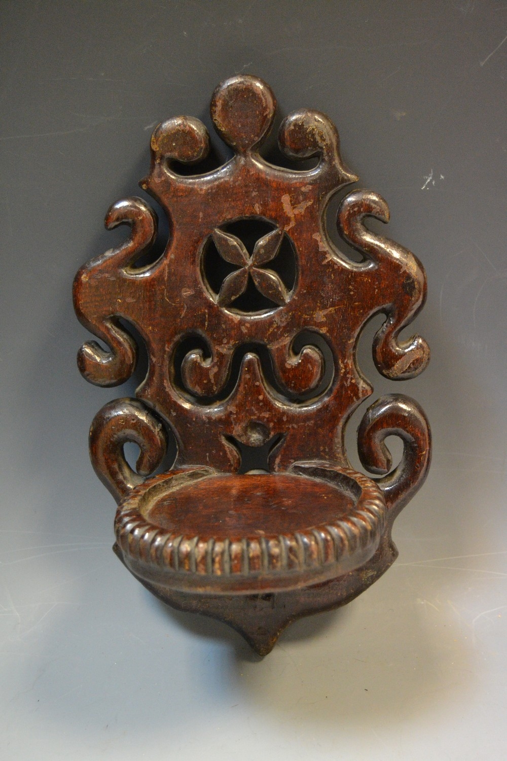 A 19th century oak rectangular mirror, carved frame, 43cm x 20cm; an oak wall bracket, pierced and - Image 2 of 4