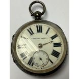 A late 19th century silver open face pocket watch, white enamel dial, Roman numerals, subsidiary