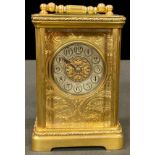 A 19th century lacquered brass carriage timepiece, circular silvered clock dial, Arabic numerals, on
