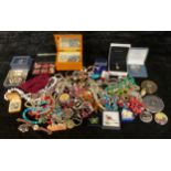 Costume Jewellery - assorted bead necklaces, brooches, earrings, two powder compacts; lady's fashion