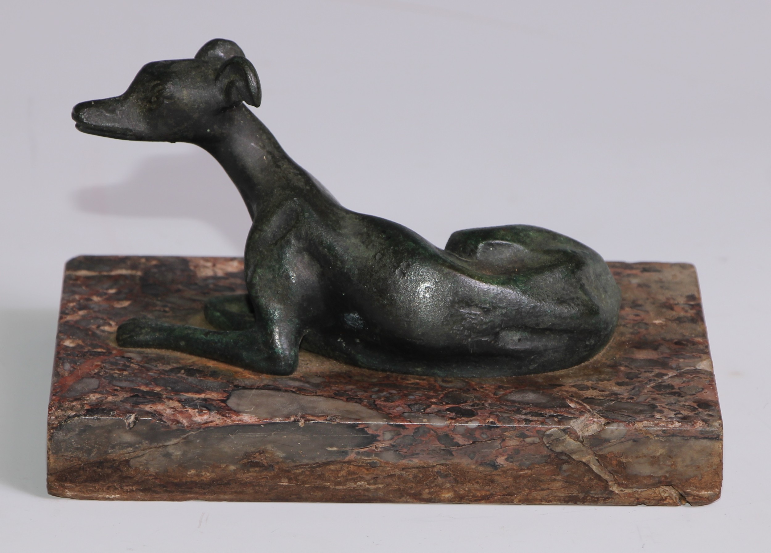 French School (19th century), a verdigris patinated bronze, of a recumbent greyhound, rectangular - Image 4 of 4