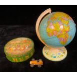 Toys & Juvenalia - a tinplate and plastic globe, 30cm high, unboxed; a Huntley & Palmers circular