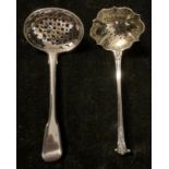 A George III silver sugar spoon, London 1807; another, fruit spoon later Victorian with two