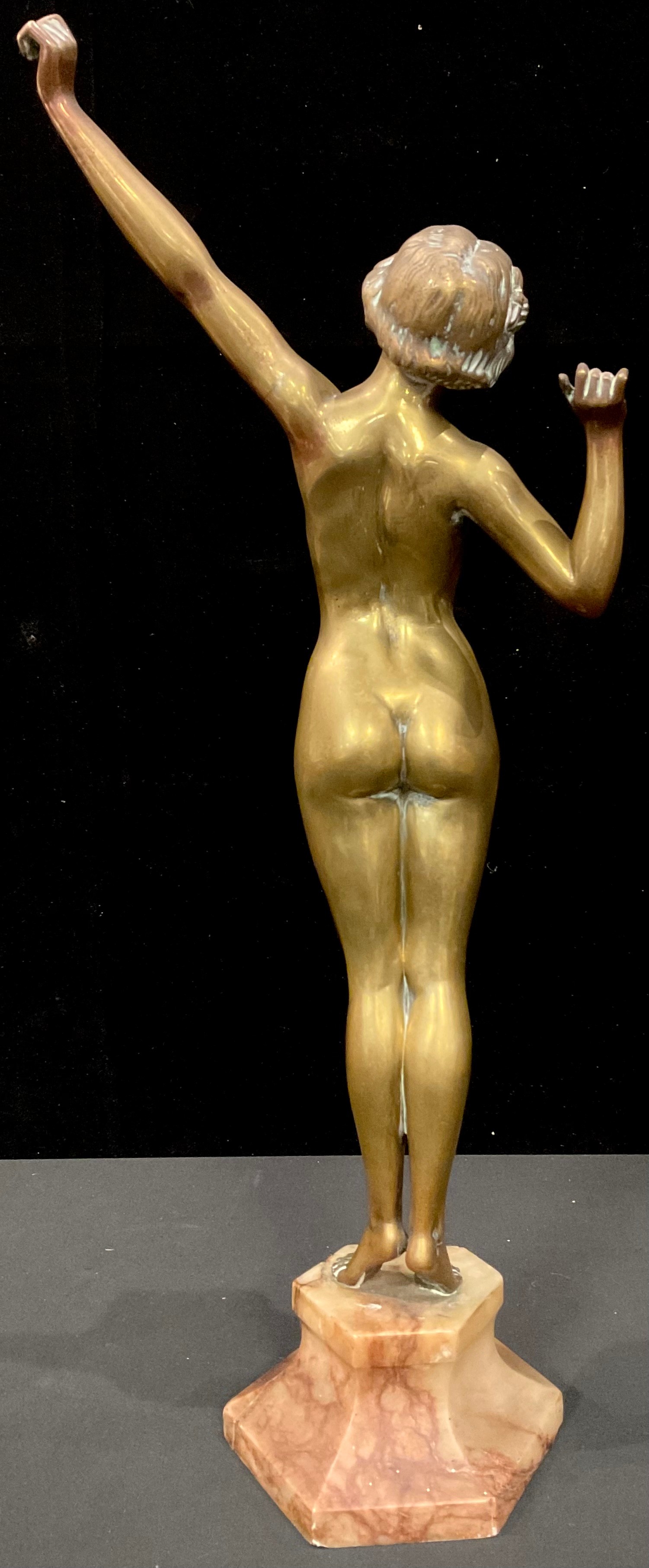 An Art Deco style brass figure, female nude on tiptoes mid stretch, angular onyx base, 55cm - Image 3 of 4