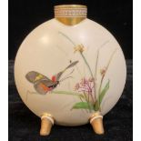A late 19th century Minton moon flask, painted with summer flowers and butterfly on a blush