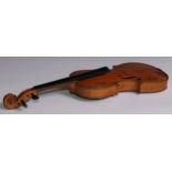 A violin, the one piece back 36cm long excluding button, inscribed with Latin epigram 'In silvis