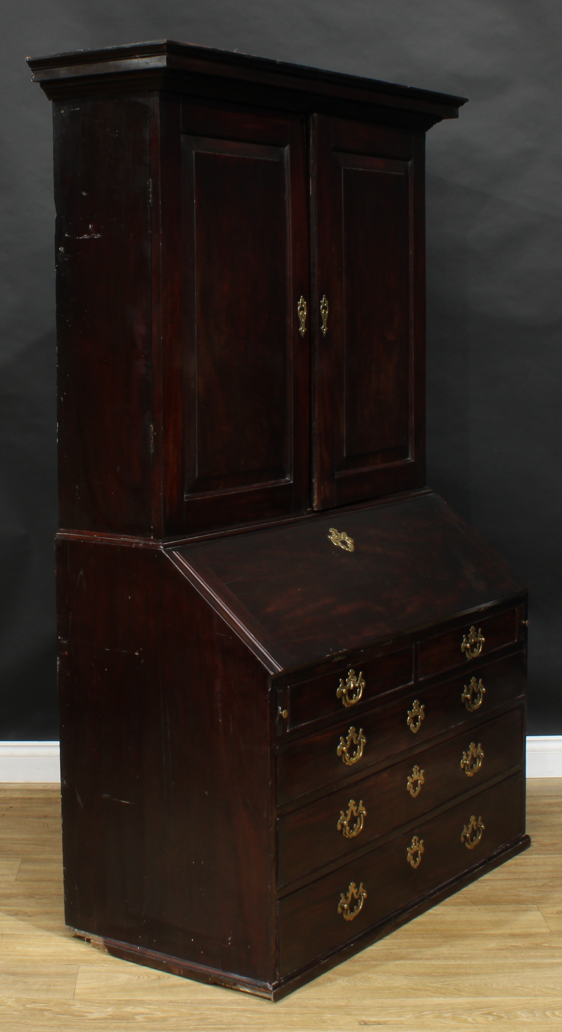 A George III red walnut and mahogany bureau book cabinet, for restoration, 190.5cm high, 127cm wide, - Image 3 of 3