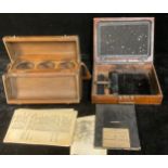 A duplicator printing set, wooden carry case; a three bottle domed wine case, hinged cover, carry