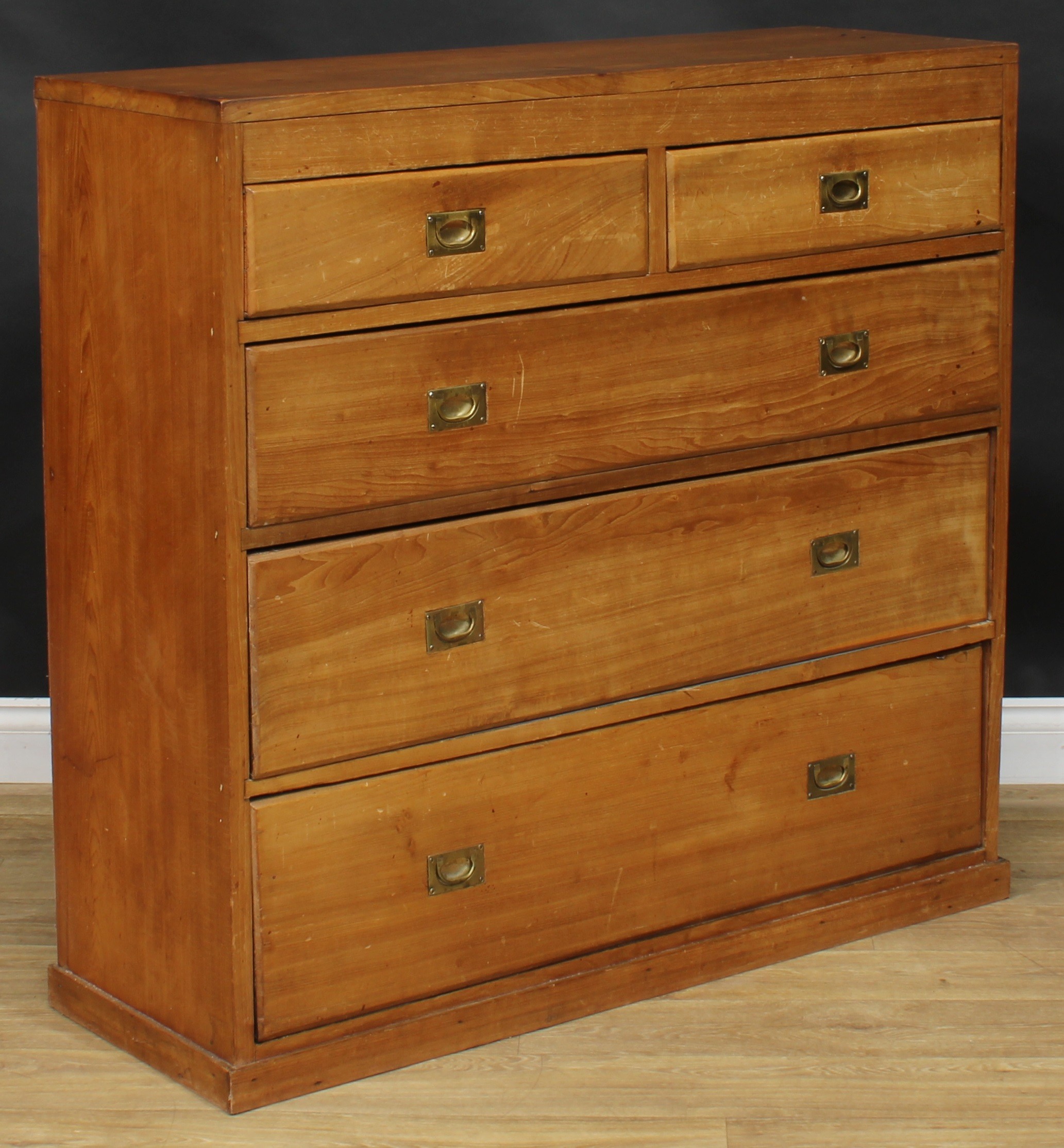 An early 20th century pine chest, of two short and three long graduated drawers, 106.5cm high, 113. - Image 2 of 3