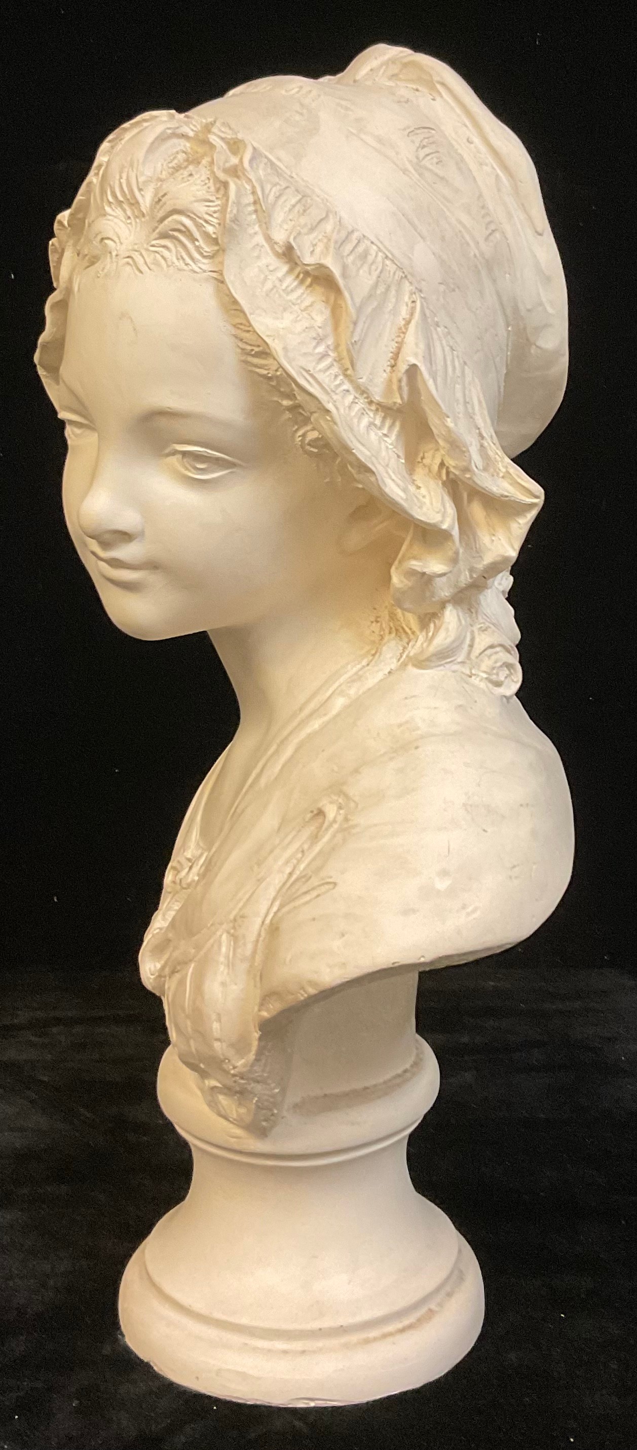 A large plaster bust, of a young girl wearing a bonnet, 43cm high - Image 2 of 3