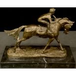 On The Gallops, Lester Piggott, a dark patinated bronze, black marble base, 30cm wide