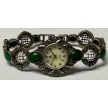 An early 20th century silver and malachite ladies cocktail watch, off white enamel dial, Arabic