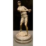 A bronze figure of a golfer, after Milo, lacking club, 33.5cm high