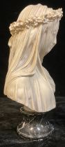 Filli Firenze, after, Veiled Lady, composite marble bust, black marble pedestal base, 36cm high