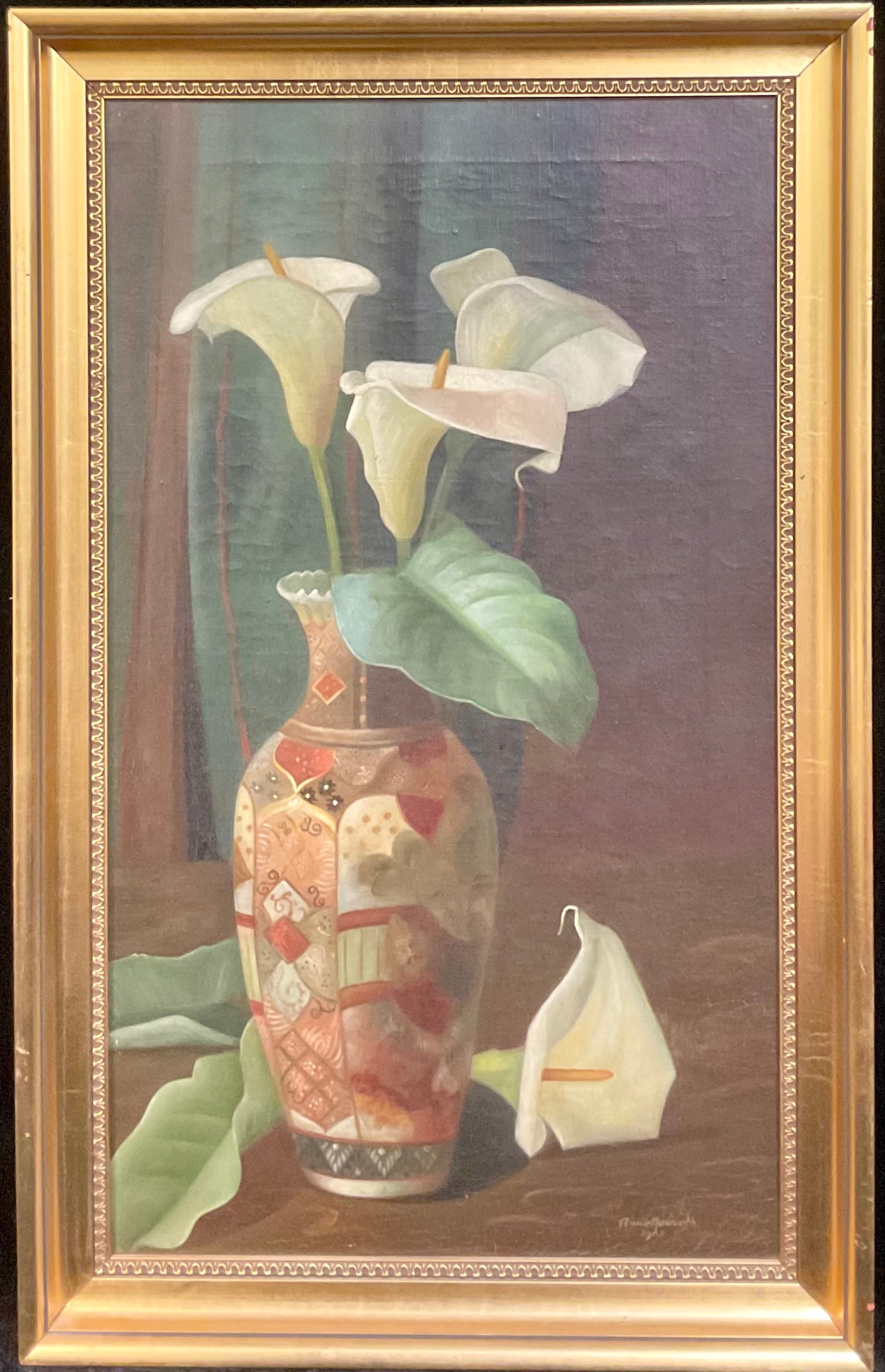 Annie Raworth, Lilies in Japanese Satsuma Vase, signed, dated 1905, oil on canvas, 60cm x 34.5cm