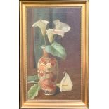 Annie Raworth, Lilies in Japanese Satsuma Vase, signed, dated 1905, oil on canvas, 60cm x 34.5cm