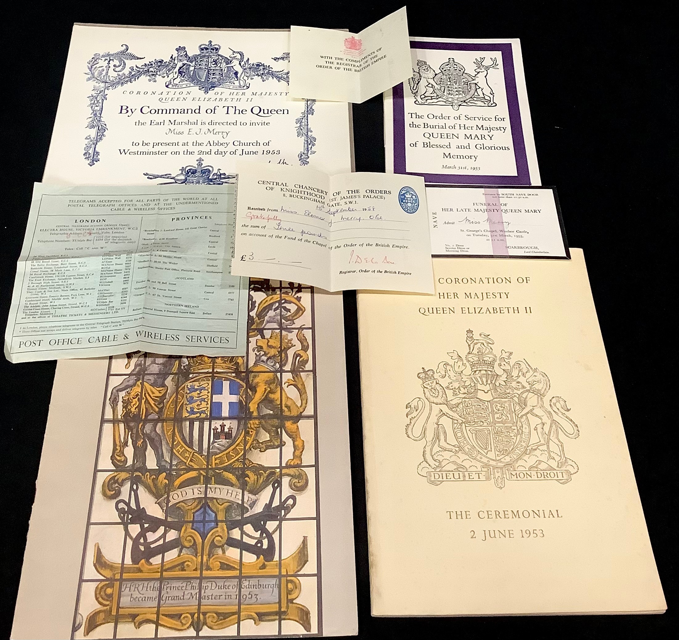 Royal Memorabilia - an invitation to the Funeral of Her Majesty Queen Mary, an Order of Service,