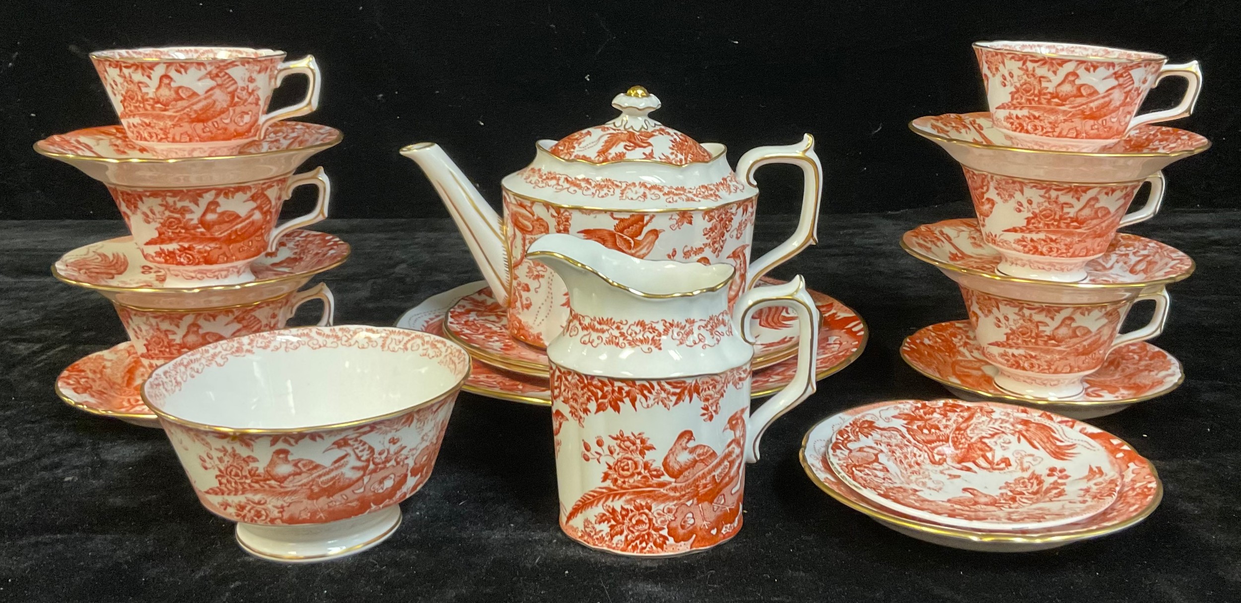 A Royal Crown Derby Red Aves tea set, including teapot, milk jug and sugar bowl, six cups and