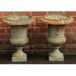 A pair of 19th century cast iron campana shaped garden urns, egg-and-dart rims, 55.5cm high, 44cm