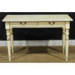 A French shabby chic painted side table, 75.5cm high, 120.5cm wide, 61cm deep