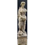 A large reconstituted garden statue, of a lady wearing flowing robes, square pedestal, 206cm high