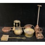 A 19th century copper warming pan; another; a brass jam pan; a brass combination trivet and fireside