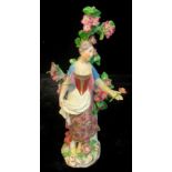 A Chelsea figure, of a lady, standing holding a flower posy, wearing a floral skirt, before