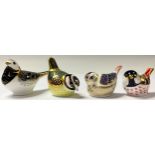 A Royal Crown Derby paperweight, Pied Wagtail, gold stopper; others, Goldcrest, gold stopper; Coal