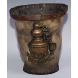 An unusual 19th century leather fire bucket, applied with a plaque cast as a whisky still, copper