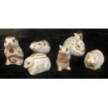 A Royal Crown Derby paperweight, Rabbit, gold stopper; others, Baby Rabbit, Mouse, Riverbank Vole,