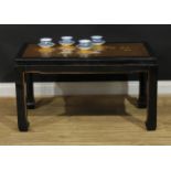 A Chinese black japanned waisted coffee or tea table, rectangular top decorated with a bird and