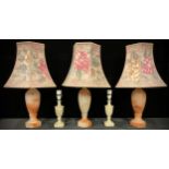 Interior Decoration - a set of three alabaster slender ovoid table lamps; a brass five branch