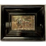 A rectangular silver on copper repousse plaque, pair of Alsatian dogs, signed F Diller,
