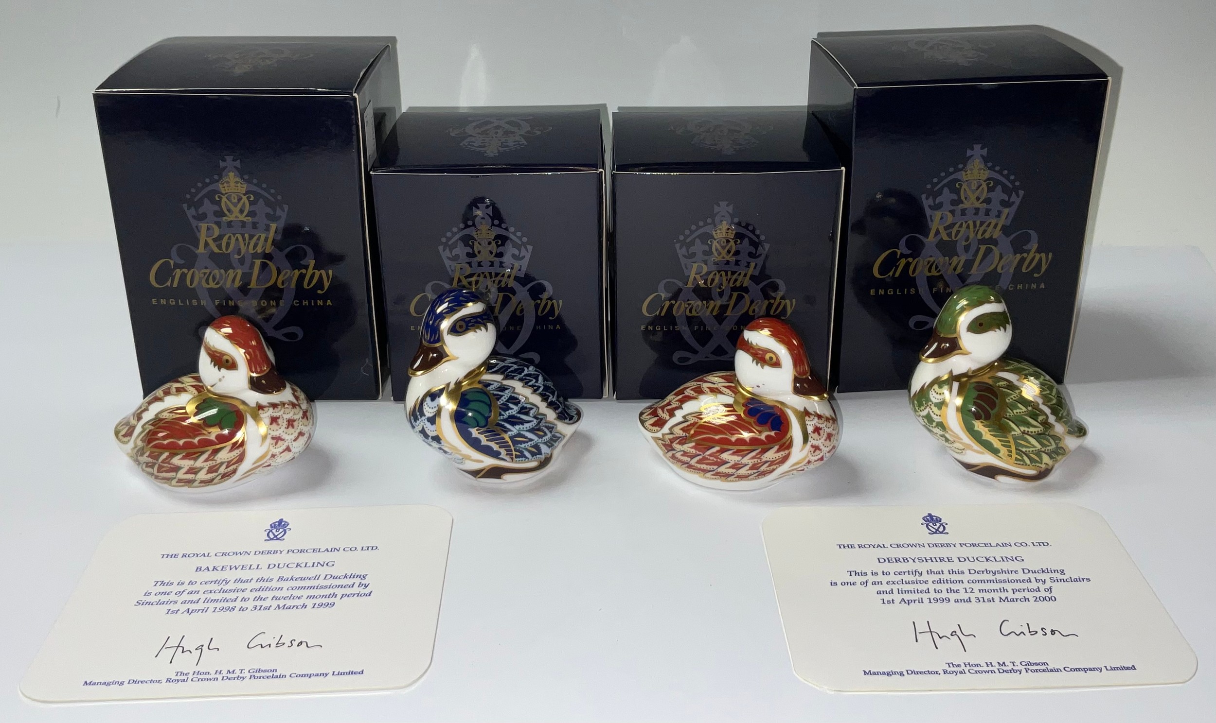 A Royal Crown Derby paperweight, Bakewell Duckling, Sinclairs exclusive commission, gold stopper,