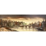 Ron Folland (1932-1999) The City Bridge signed, oil on canvas, 44.5cm x 120.5cm (a/f)