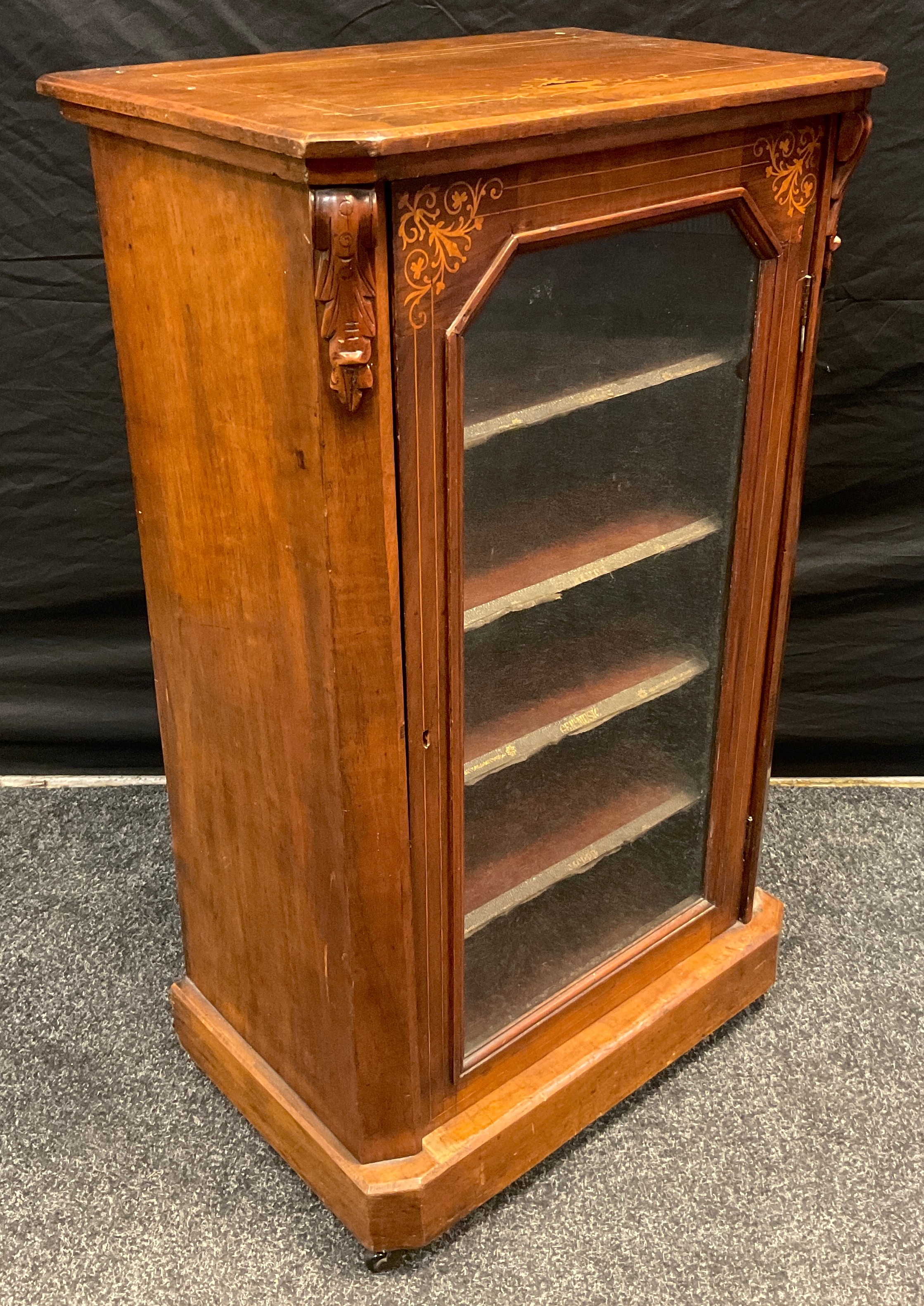 A Victorian walnut music cabinet, satinwood and ebony inlay to top, boxwood stringing throughout,