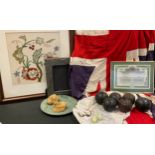 A Union Jack flag; pair of grotesque mask heads; slate picture frame; flat/crown green bowls;
