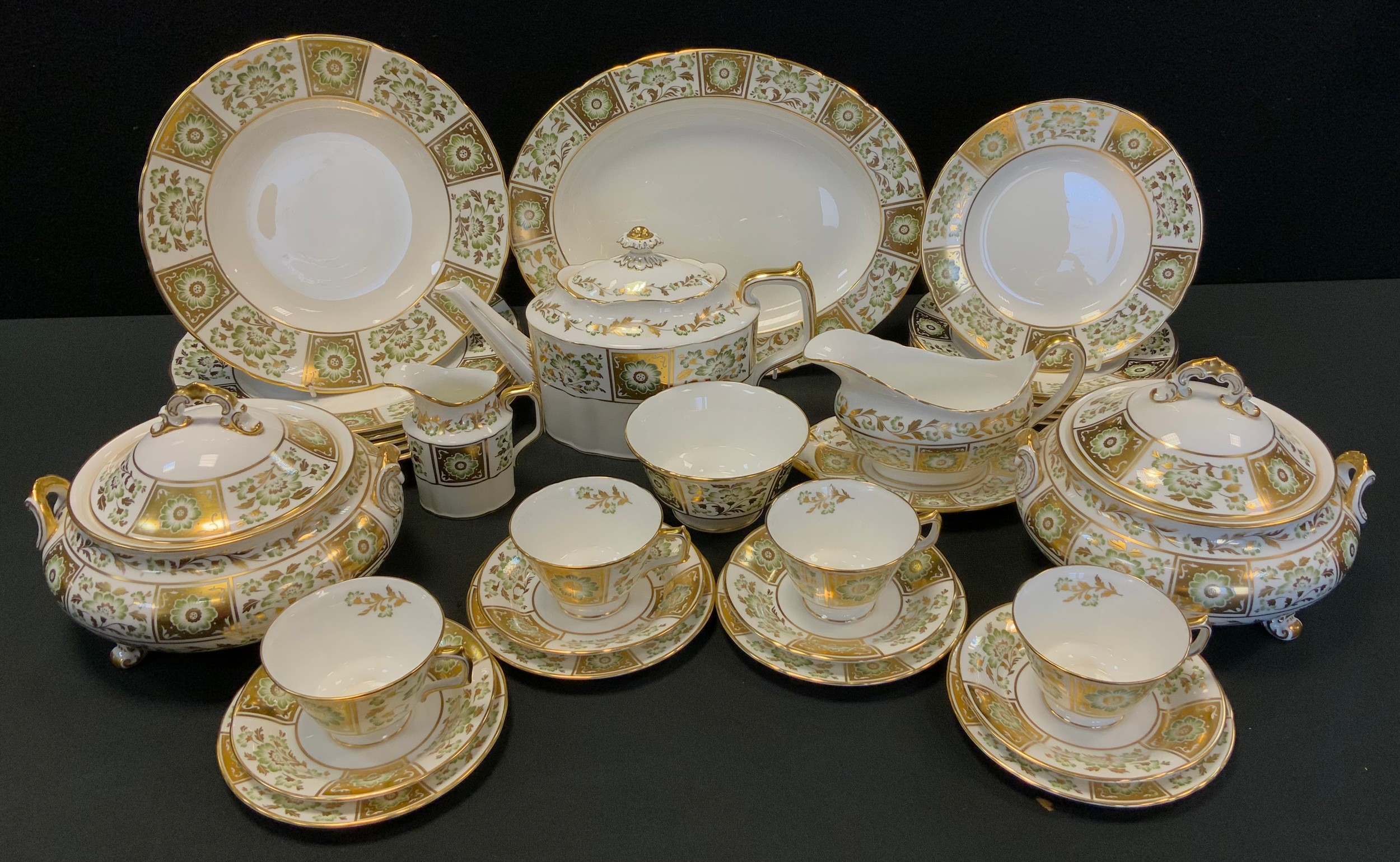 A Royal Crown Derby Green Derby panel pattern dinner and tea set, inc two lidded tureens, six dinner