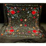 A Victorian/Edwardian embroidered floral shawl, vibrant red, orange, blue, pink and multicoloured