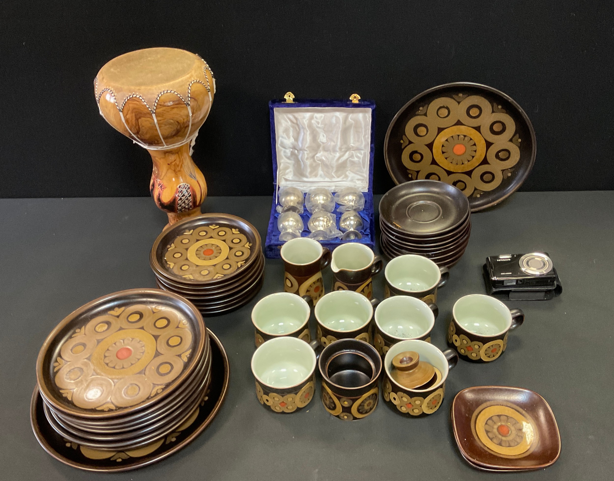 A Denby pottery Arabesque pattern part dinner and tea set; tribal drum etc