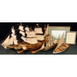 A wooden model ship, The Golden Hind, 44cm high, 54cm long; others, HMS Victory, Wendur etc; print