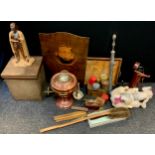 Boxes & Objects - copper & Brass Samovar; vintage Farriers nails; rulers; razor; poodle soft toy;