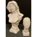 A large Pre-Raphaelite style plaster bust, lady with long flowing hair, 47cm high; a Cycladic