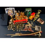 set of six brass bell weights; bone handled ebonised riding crop; Chinon Binoculars, 10x40, cased;